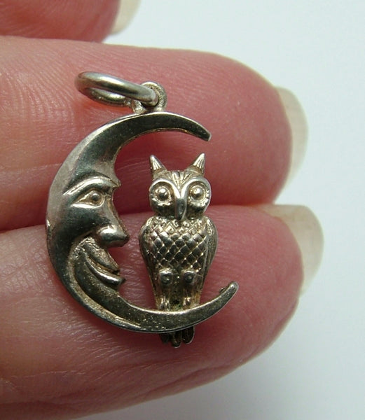 Small Vintage 1960's Solid Silver Owl Sitting in a Crescent Moon Charm HM 1962/63