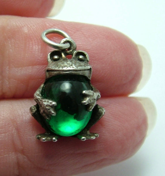Vintage 1970's Silver & Green Crystal Frog Charm