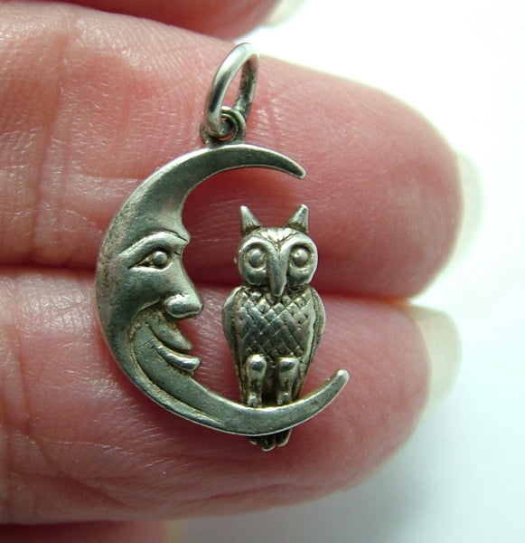 Small Vintage 1960's Solid Silver Owl Sitting in a Crescent Moon Charm HM 1962/63