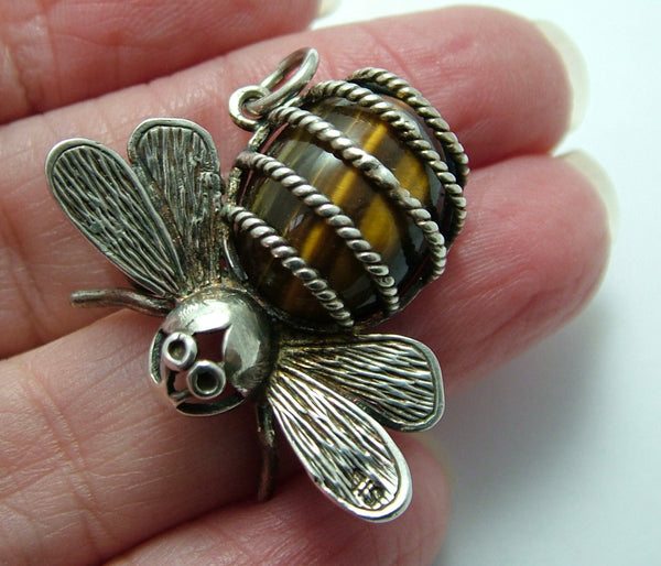 Large Vintage 1970's Silver & Tigers Eye Bumble Bee Charm