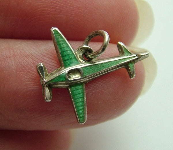 Small Vintage 1950's Silver & Green Enamel Plane Charm