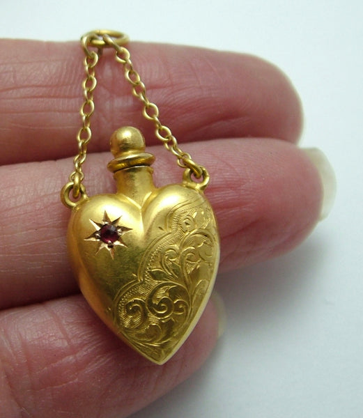 Large Antique Victorian c1895 15ct Gold & Ruby Heart Perfume Bottle Charm