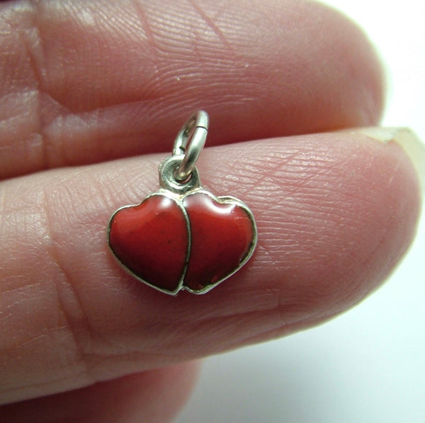 Tiny Vintage 1950's Silver & Red Enamel Double Heart Charm Enamel Charm - Sandy's Vintage Charms