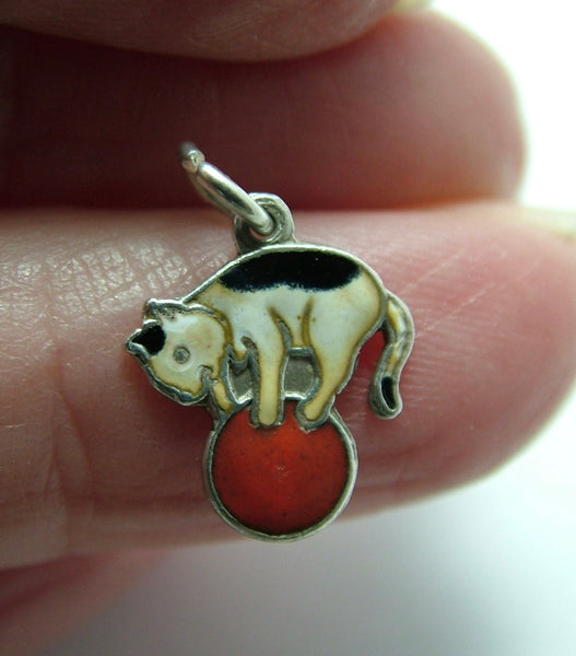 Small Vintage 1950's Silver & Enamel Cat with Ball Charm
