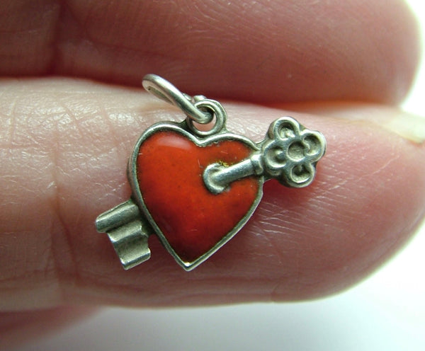 Small Vintage 1950's Silver & Red Enamel Heart with Key Charm