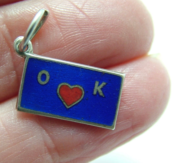 Small Vintage 1950's Silver & Blue Enamel “OK” Heart Charm