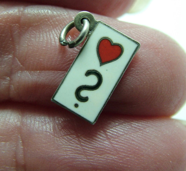 Small Vintage 1950's Silver & Cream Enamel Red Heart & Question Mark Charm