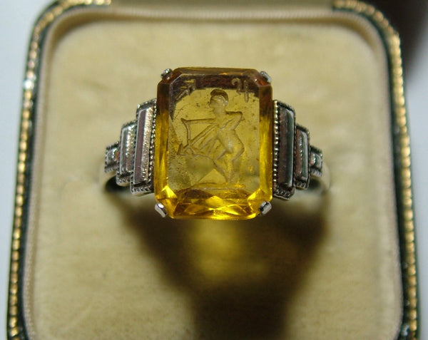 Vintage 1930’s Silver & Yellow Glass Intaglio TLM Zodiac Sagittarius Ring Other Jewellery - Sandy's Vintage Charms
