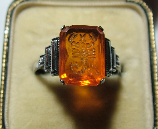 Vintage 1930’s Silver & Orange Glass Intaglio TLM Zodiac Scorpio Ring Other Jewellery - Sandy's Vintage Charms