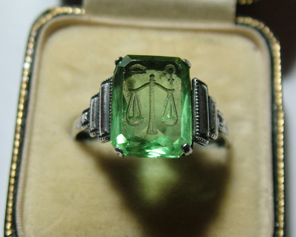 Vintage 1930’s Silver & Green Glass Intaglio TLM Zodiac Libra Ring Other Jewellery - Sandy's Vintage Charms