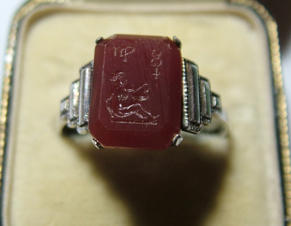 Vintage 1930’s Silver & Brown Glass Intaglio TLM Zodiac Virgo Ring Other Jewellery - Sandy's Vintage Charms