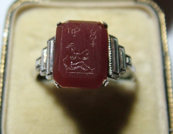 Vintage 1930’s Silver & Brown Glass Intaglio TLM Zodiac Virgo Ring Other Jewellery - Sandy's Vintage Charms