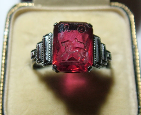 Vintage 1930’s Silver & Pink Glass Intaglio TLM Zodiac Leo Ring Other Jewellery - Sandy's Vintage Charms