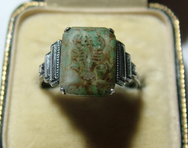 Vintage 1930’s Silver & Green Agate Glass Intaglio TLM Zodiac Cancer Ring Other Jewellery - Sandy's Vintage Charms