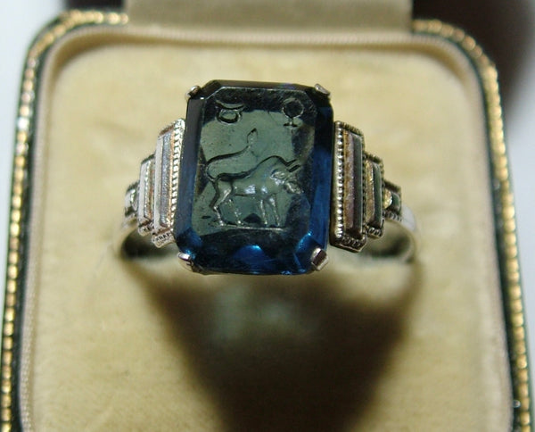 Vintage 1930’s Silver & Blue Glass Intaglio TLM Zodiac Taurus Ring Other Jewellery - Sandy's Vintage Charms