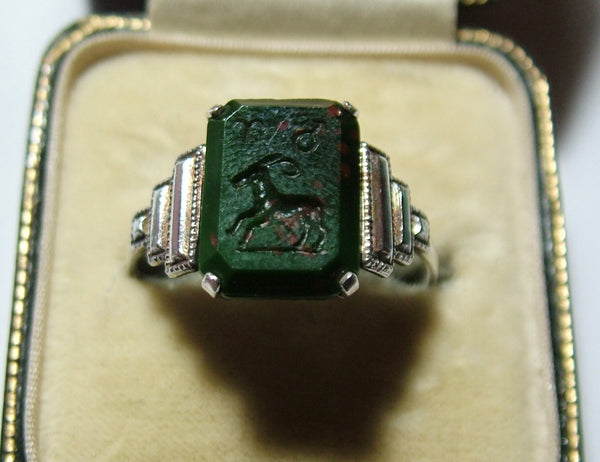 Vintage 1930’s Silver & Green Faux Bloodstone Intaglio TLM Zodiac Aries Ring Other Jewellery - Sandy's Vintage Charms