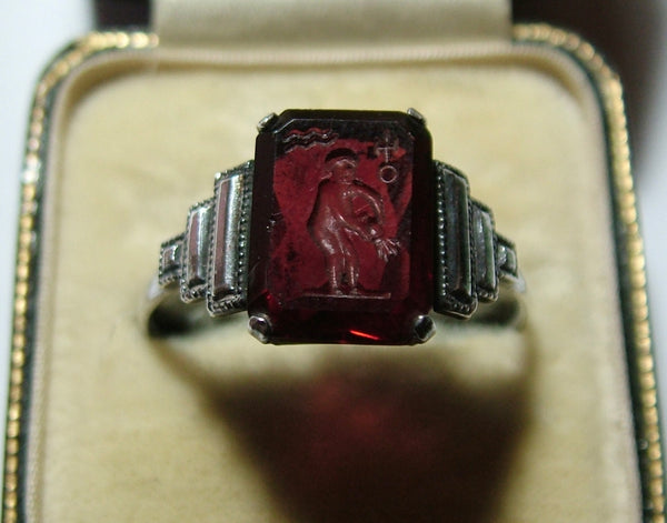 Vintage 1930’s Silver & Red Glass TLM Zodiac Aquarius Ring Other Jewellery - Sandy's Vintage Charms