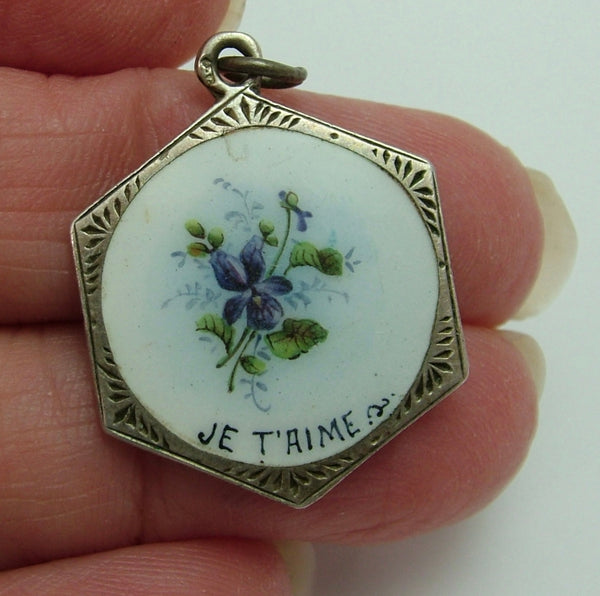 Antique Victorian c1900 Silver & Enamel “Je T’aime” Pansy Flower Charm