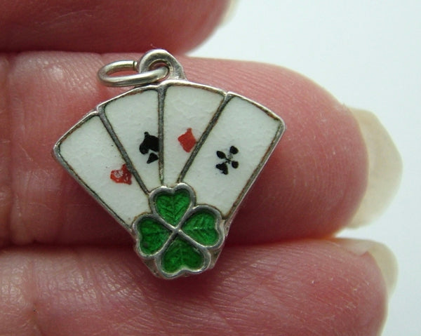 Vintage 1950's Silver & Enamel Playing Cards Charm Four Aces & Four Leaf Clover Enamel Charm - Sandy's Vintage Charms