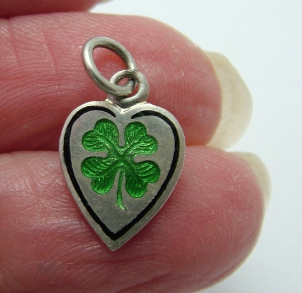 Small Vintage 1950's Silver & Green Enamel Lucky Four Leaf Clover Heart Charm 1920s-1950s Charm - Sandy's Vintage Charms