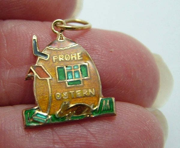Vintage 1980's 14ct 14k Gold & Yellow Enamel Easter Egg House Charm with Rabbit Gold Charm - Sandy's Vintage Charms