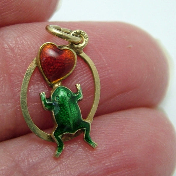 Vintage 1950's 14k 14ct Gold & Enamel Frog with Heart Charm Gold Charm - Sandy's Vintage Charms