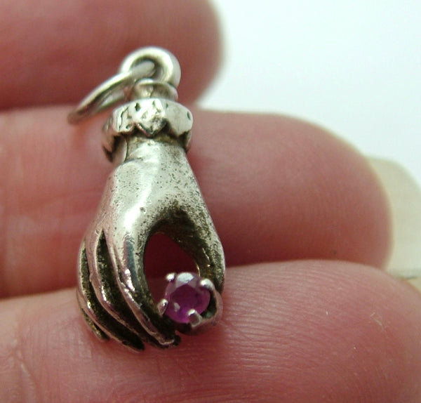 Vintage 1960’s Silver Hand Charm Holding a Pink Ruby Gemstone Silver Charm - Sandy's Vintage Charms