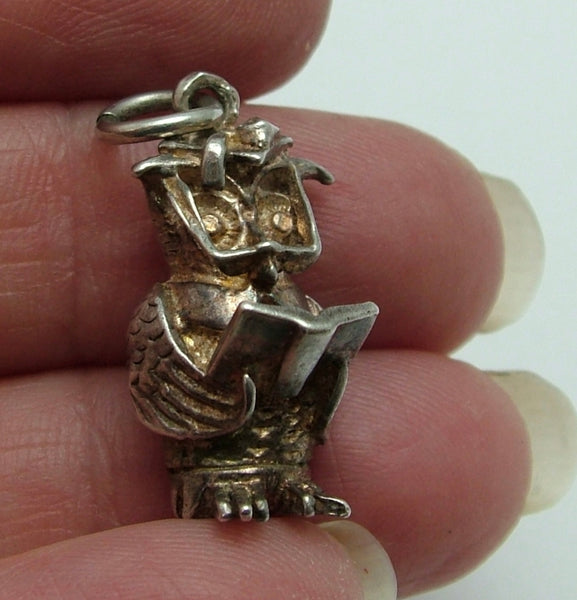 Large Vintage 1970's Solid Silver Graduation or Professor Owl Charm Silver Charm - Sandy's Vintage Charms