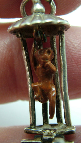 Vintage 1960's Silver Opening Nuvo Cage Charm Enamel Painted Monkey Inside Silver Charm - Sandy's Vintage Charms