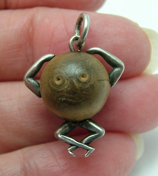Antique WWI c1914 Silver & Wood "Touch Wood" Lucky Figure Charm Antique Charm - Sandy's Vintage Charms