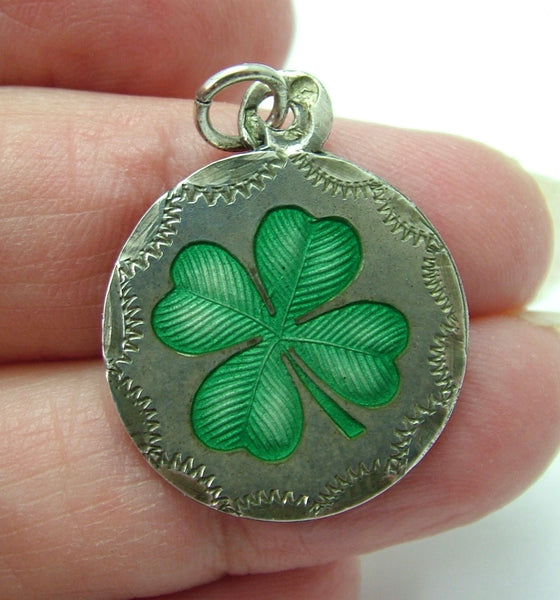 Large Antique Edwardian c1910 Silver & Enamel Lucky Four Leaf Clover Charm