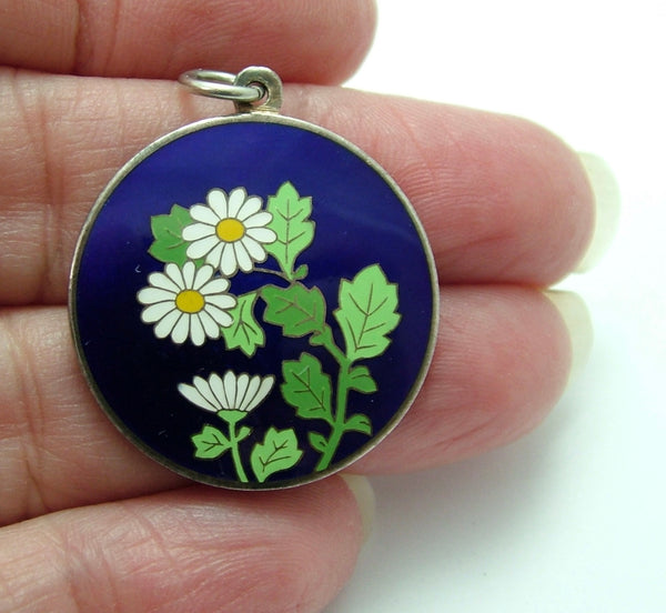 Large Vintage 1970's Silver & Enamel Daisy Flower Disk Charm Enamel Charm - Sandy's Vintage Charms