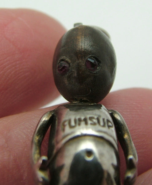 Antique WWI Silver & Wooden Fumsup Touch Wood Charm with Pink Paste Eyes Antique Charm - Sandy's Vintage Charms