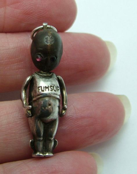 Antique WWI Silver & Wooden Fumsup Touch Wood Charm with Pink Paste Eyes Antique Charm - Sandy's Vintage Charms