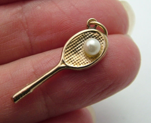 Vintage 1950's Hollow 9ct Gold Tennis Racket Charm with Faux Pearl Ball Gold Charm - Sandy's Vintage Charms