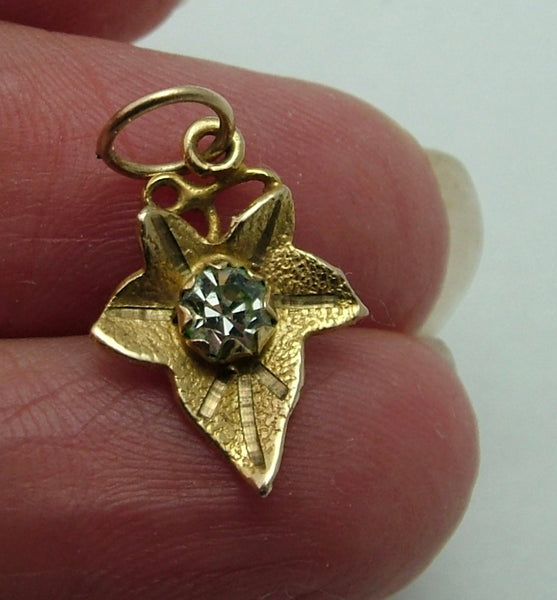 Small Vintage 1930’s 9ct Gold Ivy Leaf Charm set with Clear Paste Stone Gold Charm - Sandy's Vintage Charms