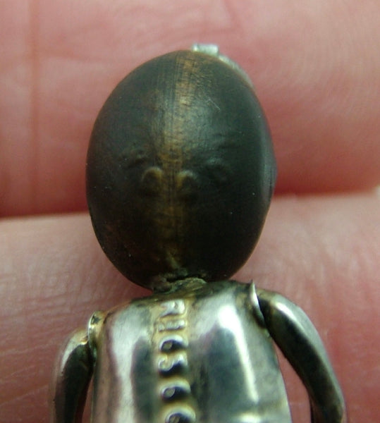 Antique WWI Silver & Wooden Fumsup Touch Wood Charm with Purple Paste Eyes Antique Charm - Sandy's Vintage Charms