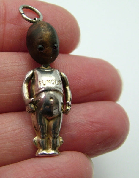 Antique WWI Silver & Wooden Fumsup Touch Wood Charm with Purple Paste Eyes Antique Charm - Sandy's Vintage Charms
