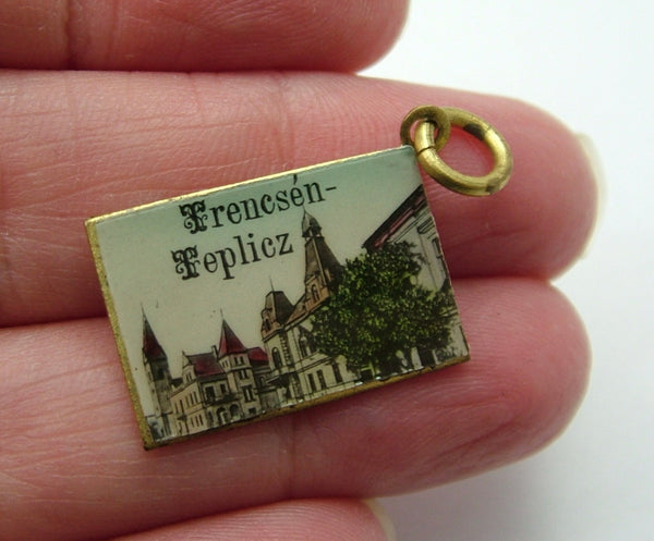 Antique Edwardian c1910 Brass Miniature Trencsen Teplicz Hungary Postcard Charm Antique Charm - Sandy's Vintage Charms