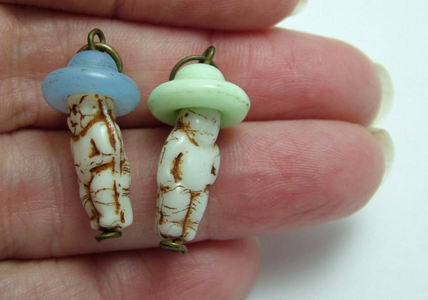 Pair of Small Vintage 1920's Czech Glass Doll Charms with Hats 1920s-1950s Charm - Sandy's Vintage Charms