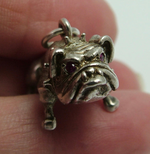 Large Heavy Vintage 1960's Solid Silver Bulldog Charm Ruby Eyes Silver Charm - Sandy's Vintage Charms