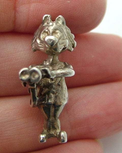 Large Vintage 1970's Silver Cartoon Cat with Gun Charm HM 1975