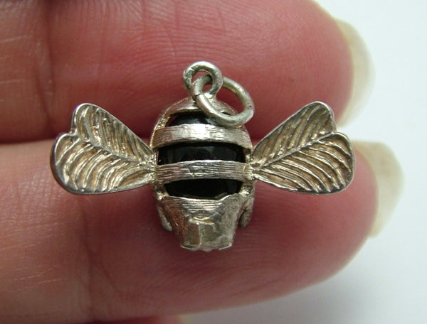 Vintage 1980's Silver & Black Glass Bee Charm