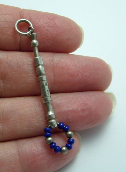 Large Vintage 1970's Solid Silver Lace Bobbin Charm with Blue Bead Spangles Silver Charm - Sandy's Vintage Charms