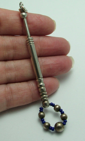 Very Large Vintage 1970's Solid Silver Lace Bobbin Pendant with Blue Bead Spangles Silver Charm - Sandy's Vintage Charms