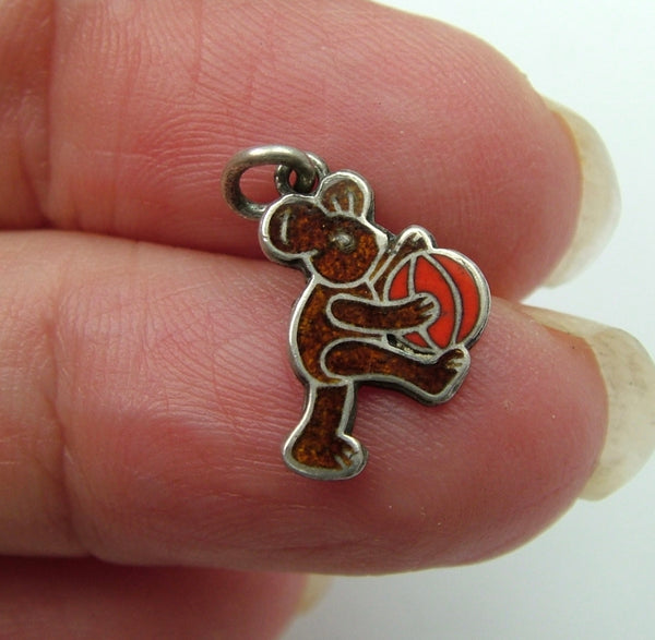 Small Vintage 1950's Solid Silver Brown Enamel Bear Charm with Red Ball