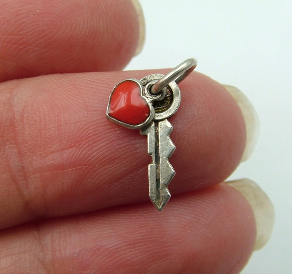 Small Vintage 1950's Silver Key & Red Enamel Heart Charm