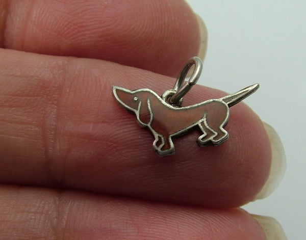 Small Vintage 1950's Silver & Brown Enamel Dachshund Dog Charm