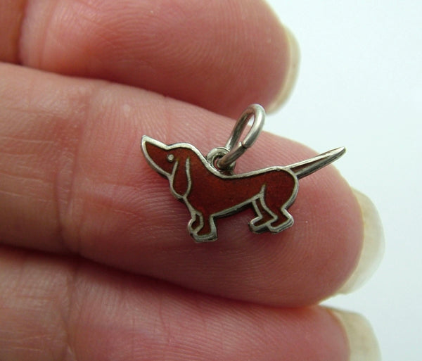 Small Vintage 1950's Silver & Brown Enamel Dachshund Dog Charm