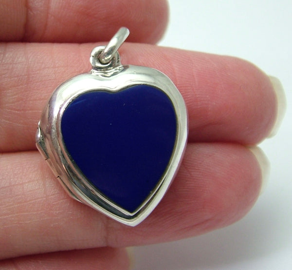 Vintage Silver & Blue Resin Heart Locket Pendant HM 2000 Silver Charm - Sandy's Vintage Charms